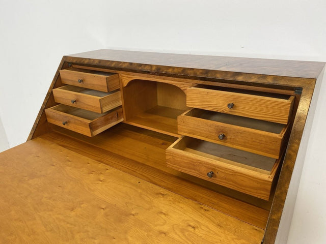 WMK Hübscher und geräumiger skandinavischer Sekretär aus vollem Holz mit dunkler Bierlasur & edlen Messinggriffen # Schreibschrank Schreibtisch Kommode Schubladenkommode Desk Vintage 50er Mid-Century