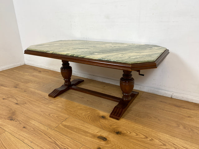 WMK I Klassischer großer 90er Jahre Couchtisch im antiken Stil mit wunderschöner Marmor Tischplatte, höhenverstellbar