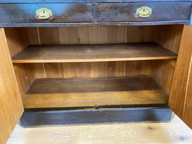 WMK # Imposante antike Anrichte aus massiver Eiche mit Messingbeschlägen & facettiertem Glas # Buffet Büfett Küchenanrichte Kredenz Geschirrschrank Küche Vitrine Schrank Gründerzeit Jugendstil Vintage