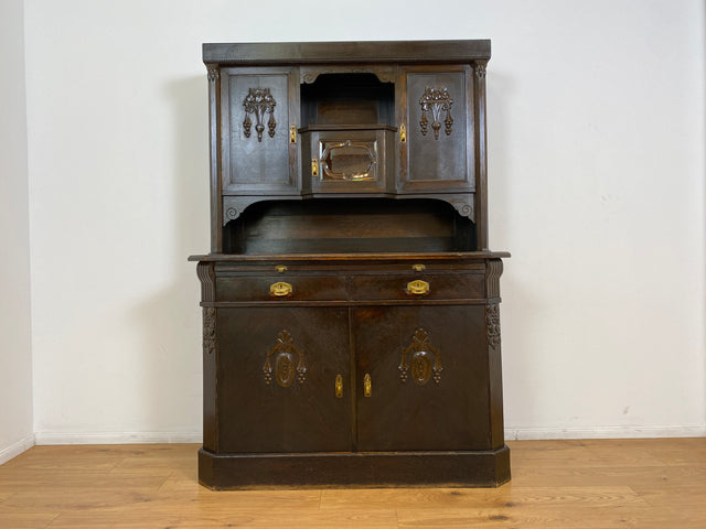 WMK # Imposante antike Anrichte aus massiver Eiche mit Messingbeschlägen & facettiertem Glas # Buffet Büfett Küchenanrichte Kredenz Geschirrschrank Küche Vitrine Schrank Gründerzeit Jugendstil Vintage