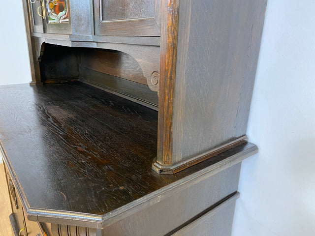 WMK # Imposante antike Anrichte aus massiver Eiche mit Messingbeschlägen & facettiertem Glas # Buffet Büfett Küchenanrichte Kredenz Geschirrschrank Küche Vitrine Schrank Gründerzeit Jugendstil Vintage