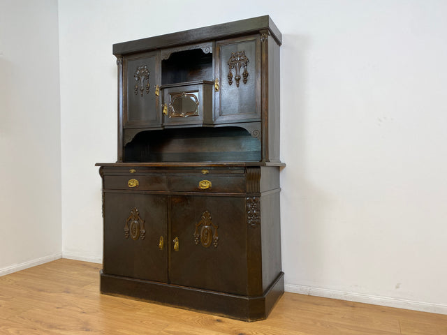 WMK # Imposante antike Anrichte aus massiver Eiche mit Messingbeschlägen & facettiertem Glas # Buffet Büfett Küchenanrichte Kredenz Geschirrschrank Küche Vitrine Schrank Gründerzeit Jugendstil Vintage