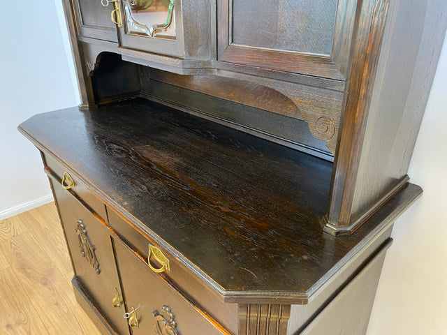 WMK # Imposante antike Anrichte aus massiver Eiche mit Messingbeschlägen & facettiertem Glas # Buffet Büfett Küchenanrichte Kredenz Geschirrschrank Küche Vitrine Schrank Gründerzeit Jugendstil Vintage