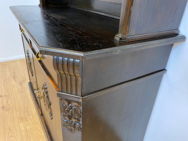 WMK # Imposante antike Anrichte aus massiver Eiche mit Messingbeschlägen & facettiertem Glas # Buffet Büfett Küchenanrichte Kredenz Geschirrschrank Küche Vitrine Schrank Gründerzeit Jugendstil Vintage