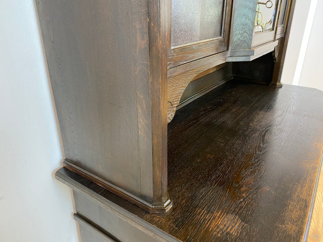 WMK # Imposante antike Anrichte aus massiver Eiche mit Messingbeschlägen & facettiertem Glas # Buffet Büfett Küchenanrichte Kredenz Geschirrschrank Küche Vitrine Schrank Gründerzeit Jugendstil Vintage