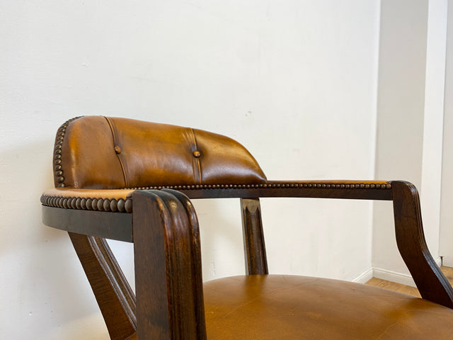 WMK I Stilvoller und sehr rarer Art Deco Schreibtischstuhl mit cognacbraunem Leder, neig- und höhenverstellbar I Drehstuhl Drehsessel Sessel Chefsessel Stuhl Office Chair Antik Vintage 20er 30er Leder