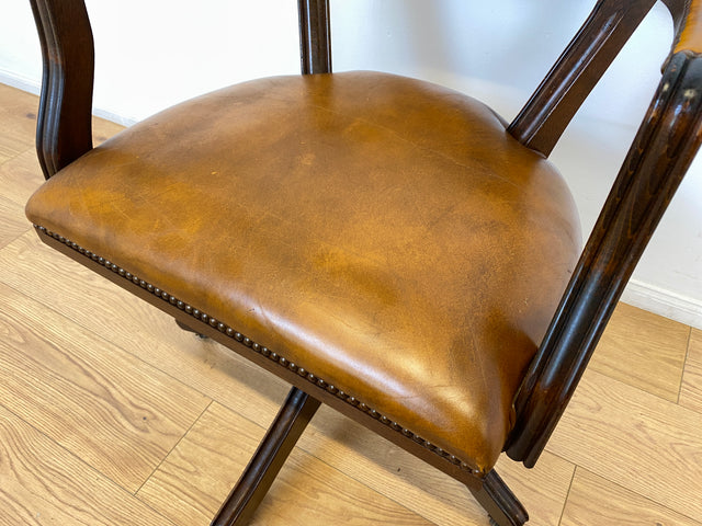 WMK I Stilvoller und sehr rarer Art Deco Schreibtischstuhl mit cognacbraunem Leder, neig- und höhenverstellbar I Drehstuhl Drehsessel Sessel Chefsessel Stuhl Office Chair Antik Vintage 20er 30er Leder