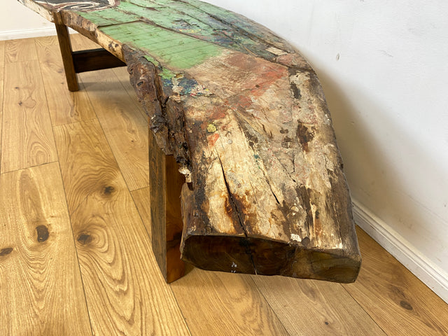 Boatwood by WMK I Robuste Bank aus altem Bootsholz I handgefertigtes Unikat mit Originalfarben I Teakholz massiv in Originalfarbe I Holzbank Bench Küchenbank Sitz Balkon Garten Möbel Treibholz Loft