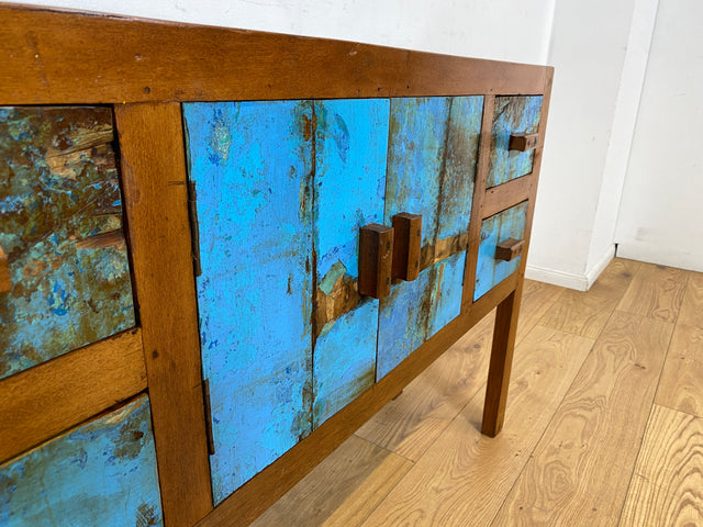 Boatwood by WMK I Meeresblaue Kommode aus altem Bootsholz in Originalfarben mit Schubladen I Teakholz massiv I Schrank Sideboard Garderobe Flurkommode Konsole Teak Bootsmöbel I Köln Hannover Bremen