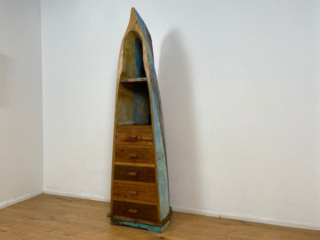 Boatwood by WMK # Einzigartiger Bücherschrank aus echtem Einbaum I ein handgefertigtes Unikat in Originalfarben I Regal Kommode Holzregal Eck Schubladen Bücher Schrank Fischer Boot Schiff Sylt Usedom