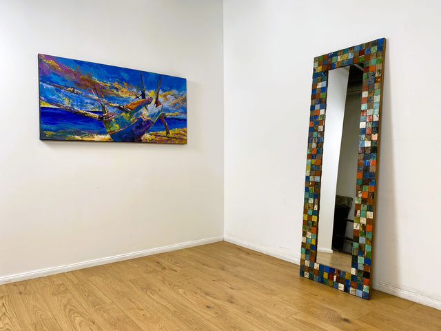 Boatwood by WMK # Einzigartiger 65x200cm großer Wandspiegel aus altem Bootsholz, ein handgefertigtes Unikat in Originalfarben # bunter Spiegel Flurspiegel Standspiegel Mirror Treibholz Bootsmöbel