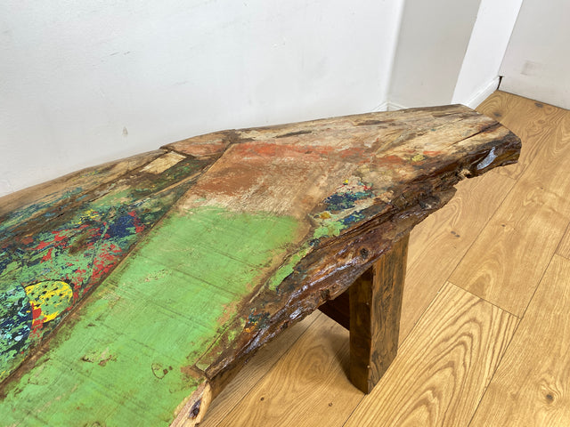 Boatwood by WMK I Robuste Bank aus altem Bootsholz I handgefertigtes Unikat mit Originalfarben I Teakholz massiv in Originalfarbe I Holzbank Bench Küchenbank Sitz Balkon Garten Möbel Treibholz Loft