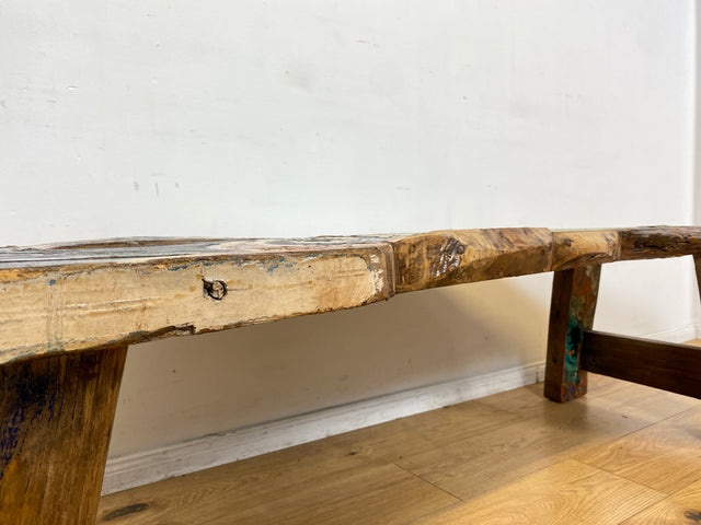 Boatwood by WMK I Robuste Bank aus altem Bootsholz I handgefertigtes Unikat mit Originalfarben I Teakholz massiv in Originalfarbe I Holzbank Bench Küchenbank Sitz Balkon Garten Möbel Treibholz Loft