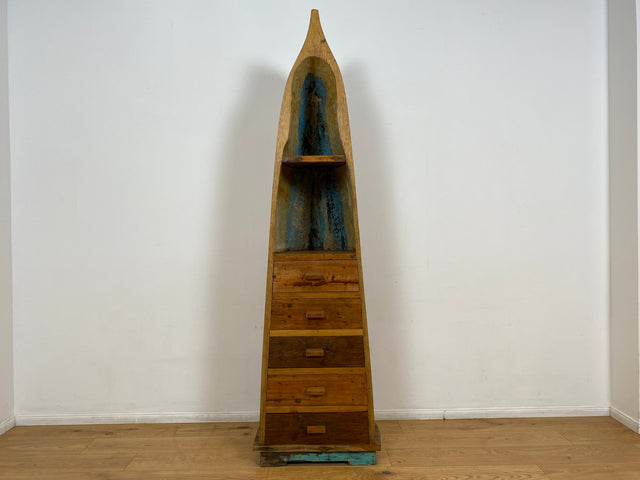 Boatwood by WMK # Einzigartiger Bücherschrank aus echtem Einbaum I ein handgefertigtes Unikat in Originalfarben I Regal Kommode Holzregal Eck Schubladen Bücher Schrank Fischer Boot Schiff Sylt Usedom