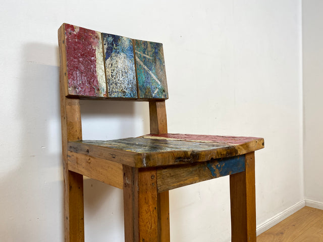 Boatwood by WMK I 1/3 Schöner bunter Barhocker I ein handmade Unikat aus altem Bootsholz l Teakholz massiv I Hocker Sitzhocker Küchenstuhl Holzstuhl Stuhl Bar Stool Hausbar Gastro Berlin Rostock Sylt