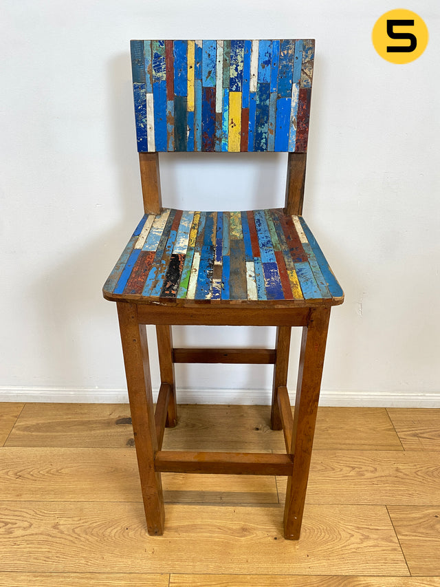 Boatwood by WMK # 1/5 Bunterschöner Barhocker aus altem Bootsholz, ein handgefertigtes Unikat aus massivem Teakholz # Barstuhl Hocker Sitzhocker Stuhl Küchenstuhl Holzstuhl Bar Stool Hausbar Gastro