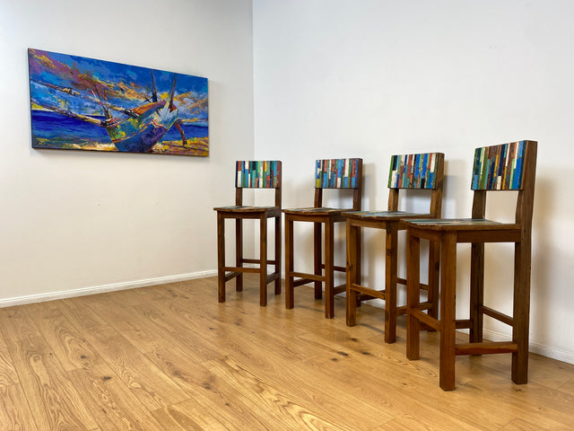 Boatwood by WMK # 1/5 Bunterschöner Barhocker aus altem Bootsholz, ein handgefertigtes Unikat aus massivem Teakholz # Barstuhl Hocker Sitzhocker Stuhl Küchenstuhl Holzstuhl Bar Stool Hausbar Gastro