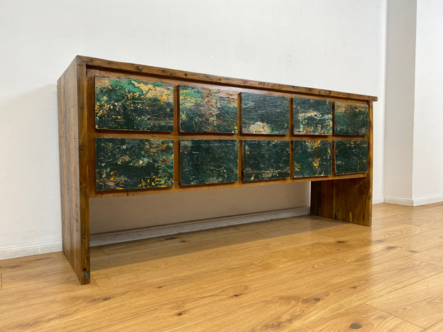 Boatwood by WMK I Einzigartige Anrichte aus altem Bootsholz in Originalfarben I handgefertigtes Unikat I Teakholz massiv I mit Schubladen I Schrank Kommode Sideboard Küchen Wäsche Apotheker Bootsmöbel