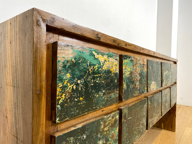 Boatwood by WMK I Einzigartige Anrichte aus altem Bootsholz in Originalfarben I handgefertigtes Unikat I Teakholz massiv I mit Schubladen I Schrank Kommode Sideboard Küchen Wäsche Apotheker Bootsmöbel