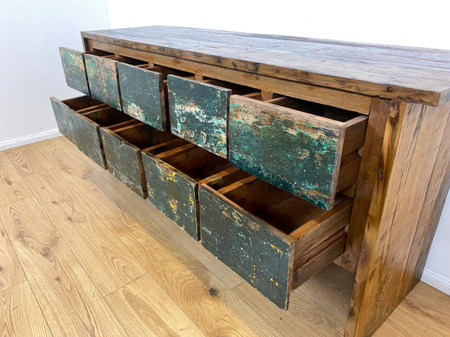 Boatwood by WMK I Einzigartige Anrichte aus altem Bootsholz in Originalfarben I handgefertigtes Unikat I Teakholz massiv I mit Schubladen I Schrank Kommode Sideboard Küchen Wäsche Apotheker Bootsmöbel