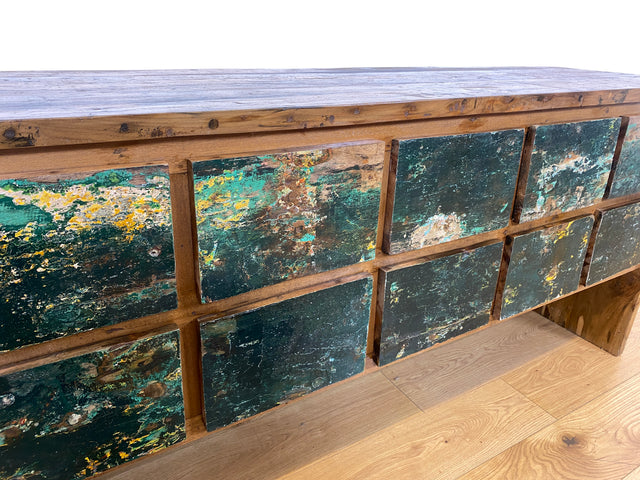 Boatwood by WMK I Einzigartige Anrichte aus altem Bootsholz in Originalfarben I handgefertigtes Unikat I Teakholz massiv I mit Schubladen I Schrank Kommode Sideboard Küchen Wäsche Apotheker Bootsmöbel