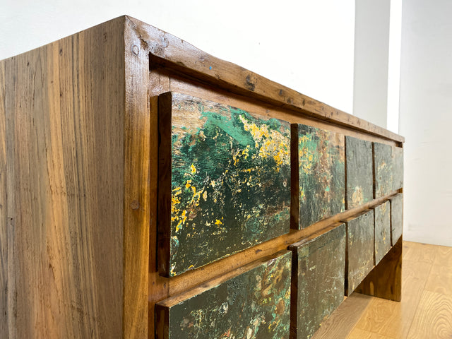 Boatwood by WMK I Einzigartige Anrichte aus altem Bootsholz in Originalfarben I handgefertigtes Unikat I Teakholz massiv I mit Schubladen I Schrank Kommode Sideboard Küchen Wäsche Apotheker Bootsmöbel