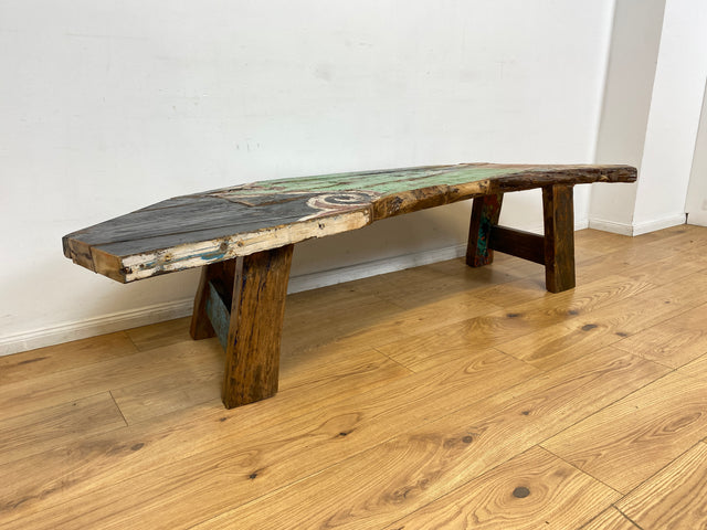 Boatwood by WMK I Robuste Bank aus altem Bootsholz I handgefertigtes Unikat mit Originalfarben I Teakholz massiv in Originalfarbe I Holzbank Bench Küchenbank Sitz Balkon Garten Möbel Treibholz Loft