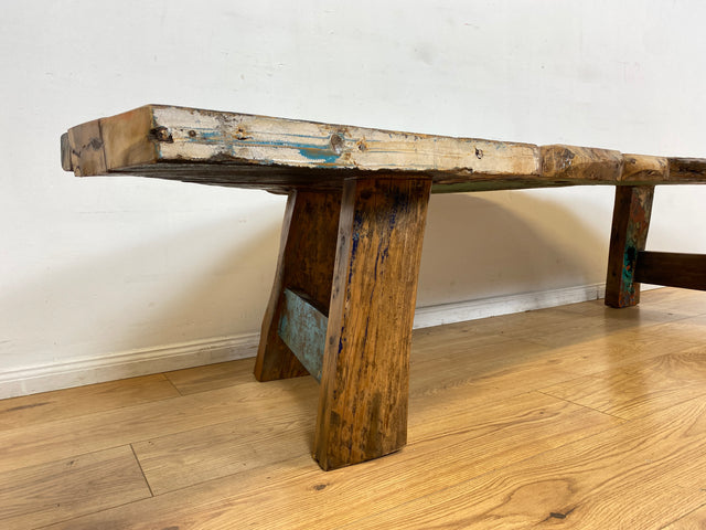 Boatwood by WMK I Robuste Bank aus altem Bootsholz I handgefertigtes Unikat mit Originalfarben I Teakholz massiv in Originalfarbe I Holzbank Bench Küchenbank Sitz Balkon Garten Möbel Treibholz Loft