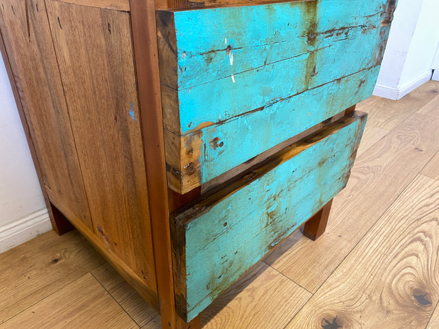 Boatwood by WMK I Meeresblauer Nachttisch handgefertigt aus altem Bootsholz in Originalfarben I Teakholz I Kommode Nachtkommode Nachtschränkchen Nachtschrank Bed Side Teak Berlin Zossen Saarbrücken