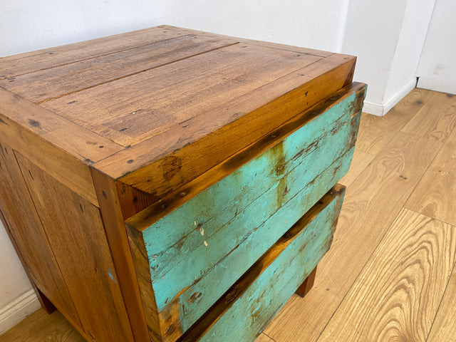 Boatwood by WMK I Meeresblauer Nachttisch handgefertigt aus altem Bootsholz in Originalfarben I Teakholz I Kommode Nachtkommode Nachtschränkchen Nachtschrank Bed Side Teak Berlin Zossen Saarbrücken