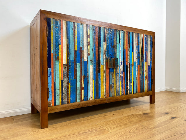 Boatwood by WMK I Detailreicher und geräumiger Schrank I Handmade Unikat aus altem Bootsholz I Teakholz massiv I Highboard Kommode Sideboard Schuhschrank Anrichte Bootsmöbel Berlin Stuttgart Rostock