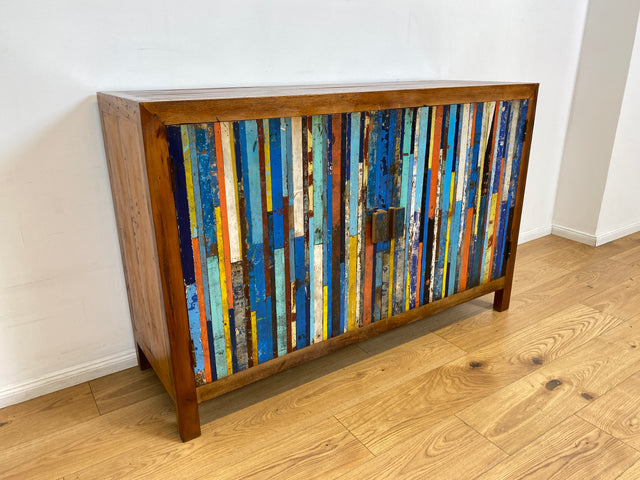 Boatwood by WMK I Detailreicher und geräumiger Schrank I Handmade Unikat aus altem Bootsholz I Teakholz massiv I Highboard Kommode Sideboard Schuhschrank Anrichte Bootsmöbel Berlin Stuttgart Rostock