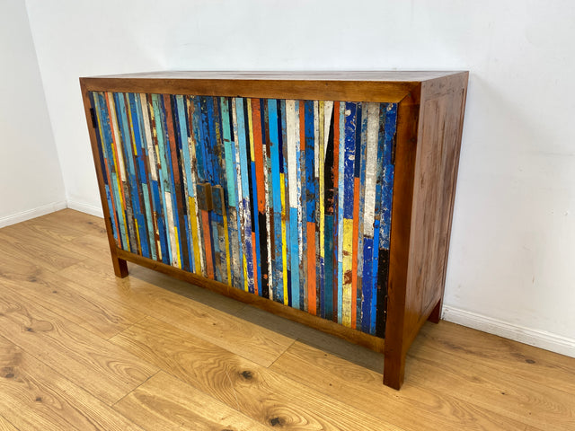Boatwood by WMK I Detailreicher und geräumiger Schrank I Handmade Unikat aus altem Bootsholz I Teakholz massiv I Highboard Kommode Sideboard Schuhschrank Anrichte Bootsmöbel Berlin Stuttgart Rostock