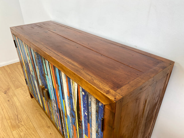 Boatwood by WMK I Detailreicher und geräumiger Schrank I Handmade Unikat aus altem Bootsholz I Teakholz massiv I Highboard Kommode Sideboard Schuhschrank Anrichte Bootsmöbel Berlin Stuttgart Rostock