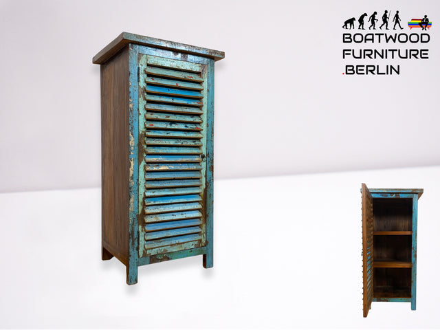 Boatwood by WMK I Besonderer Schrank aus altem Bootsholz in meeresblauer Originalfarbe mit Lamellentür I handgefertigtes Unikat I Highboard Küchenschrank Schuhschrank Bücherschrank Wäscheschank Loft