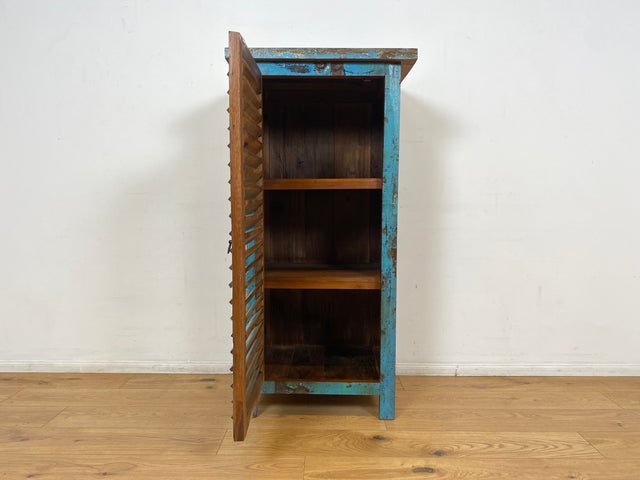 Boatwood by WMK I Besonderer Schrank aus altem Bootsholz in meeresblauer Originalfarbe mit Lamellentür I handgefertigtes Unikat I Highboard Küchenschrank Schuhschrank Bücherschrank Wäscheschank Loft