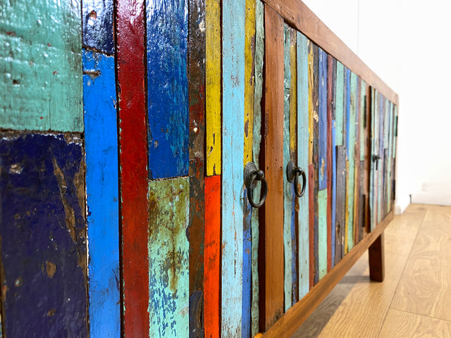 Boatwood by WMK I Detailreiches Sideboard handgefertigt aus altem Bootsholz I Teakholz massiv I Kommode TV Lowboard Board Bank Schuhschrank Anrichte Bootsmöbel Treibholz I Berlin Rostock Frankfurt