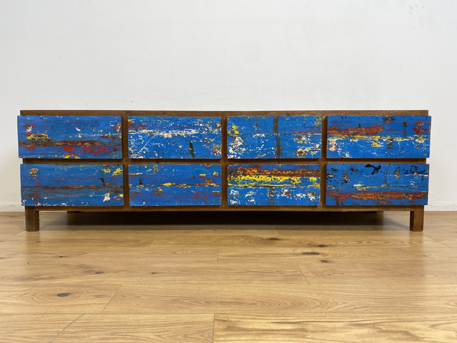 Boatwood by WMK # Wunderschönes Sideboard mit Schubladen, ein aus altem Bootsholz handgefertigtes Unikat aus massivem Teakholz # langes Lowboard Kommode TV-Lowboard TV-Bank Anrichte Bootsmöbel Teak