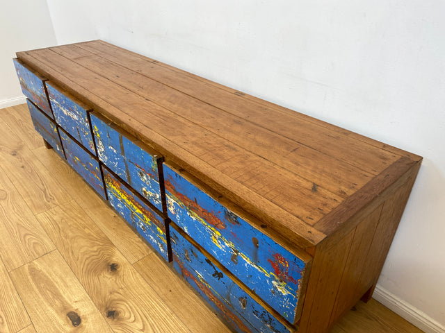 Boatwood by WMK # Wunderschönes Sideboard mit Schubladen, ein aus altem Bootsholz handgefertigtes Unikat aus massivem Teakholz # langes Lowboard Kommode TV-Lowboard TV-Bank Anrichte Bootsmöbel Teak