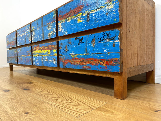 Boatwood by WMK # Wunderschönes Sideboard mit Schubladen, ein aus altem Bootsholz handgefertigtes Unikat aus massivem Teakholz # langes Lowboard Kommode TV-Lowboard TV-Bank Anrichte Bootsmöbel Teak