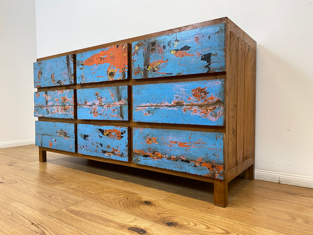 Boatwood by WMK # Wunderschönes & nachhaltiges Sideboard mit 9 Schubladen, ein aus altem Bootsholz handgefertigtes Unikat aus massivem Teakholz # Wäschekommode Kommode Schrank Anrichte Bootsmöbel Teak