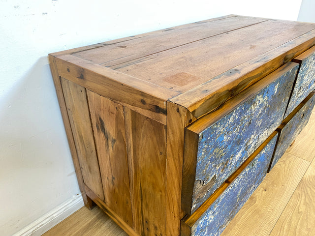 Boatwood by WMK I Besonders schönes Sideboard mit Schubladen in Blau I handmade Unikat aus altem Bootsholz I Teakholz massiv I Wäschekommode Schuladenkommode Lowboard Kommode TV Berlin Passau Rostock