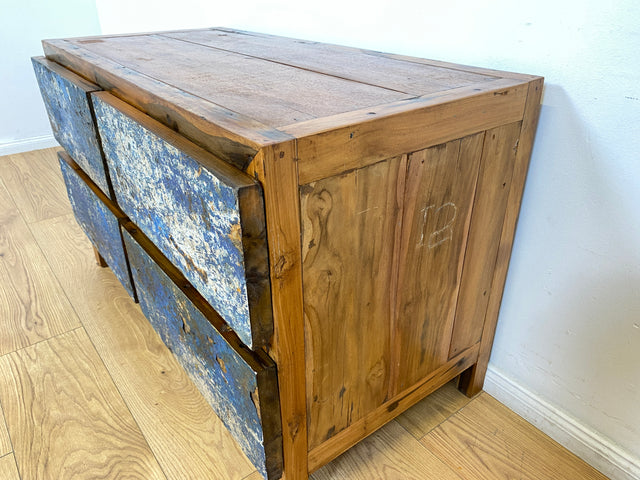 Boatwood by WMK I Besonders schönes Sideboard mit Schubladen in Blau I handmade Unikat aus altem Bootsholz I Teakholz massiv I Wäschekommode Schuladenkommode Lowboard Kommode TV Berlin Passau Rostock