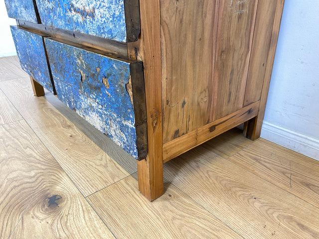 Boatwood by WMK I Besonders schönes Sideboard mit Schubladen in Blau I handmade Unikat aus altem Bootsholz I Teakholz massiv I Wäschekommode Schuladenkommode Lowboard Kommode TV Berlin Passau Rostock
