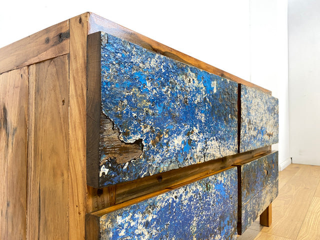 Boatwood by WMK I Besonders schönes Sideboard mit Schubladen in Blau I handmade Unikat aus altem Bootsholz I Teakholz massiv I Wäschekommode Schuladenkommode Lowboard Kommode TV Berlin Passau Rostock