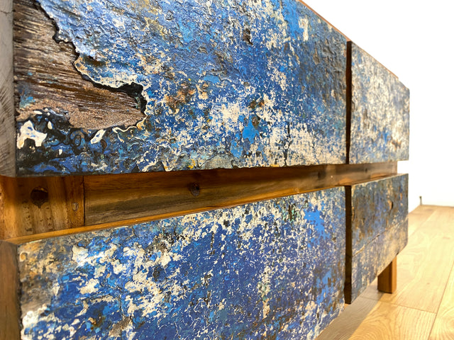 Boatwood by WMK I Besonders schönes Sideboard mit Schubladen in Blau I handmade Unikat aus altem Bootsholz I Teakholz massiv I Wäschekommode Schuladenkommode Lowboard Kommode TV Berlin Passau Rostock