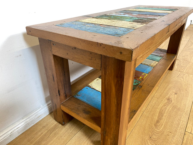 Boatwood by WMK I Sehr schöne Sitzbank aus altem Bootsholz in Originalfarben I Bank Schuhregal Küchenbank Schuhschrank Holzbank Holzregal Regal Flur Blumenregal Blumenbank Treibholz Berlin Halle Köln