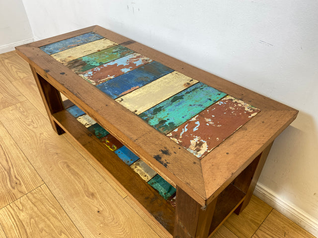 Boatwood by WMK I Sehr schöne Sitzbank aus altem Bootsholz in Originalfarben I Bank Schuhregal Küchenbank Schuhschrank Holzbank Holzregal Regal Flur Blumenregal Blumenbank Treibholz Berlin Halle Köln