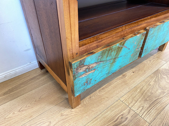 Boatwood by WMK I Besonders TV Lowboard mit Schubladen in Meeresblau I handgefertigtes Unikat aus altem Bootsholz I Teakholz massiv I Sideboard Kommode Bank Rack Fernsehkommode Berlin Augsburg Hamburg