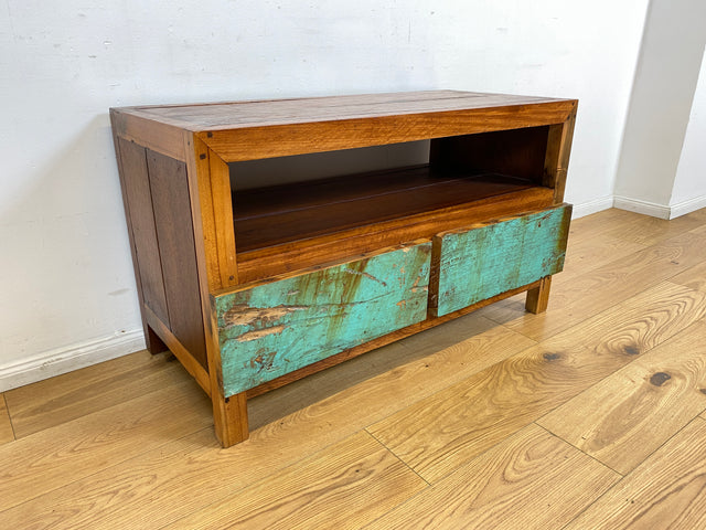 Boatwood by WMK I Besonders TV Lowboard mit Schubladen in Meeresblau I handgefertigtes Unikat aus altem Bootsholz I Teakholz massiv I Sideboard Kommode Bank Rack Fernsehkommode Berlin Augsburg Hamburg